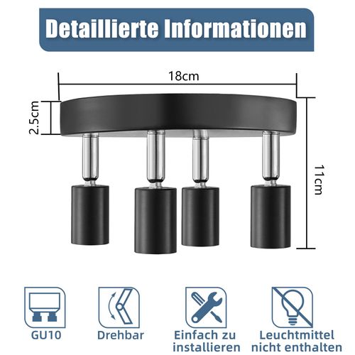 Plafonnier 4 Spots Noir Pivotants Gu10 Métal Moderne Salon Cuisine Couloir