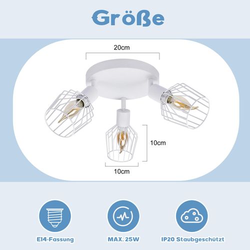 Plafonnier 3 Spots E14 Rond Métal Blanc Industriel Pivotant 350°