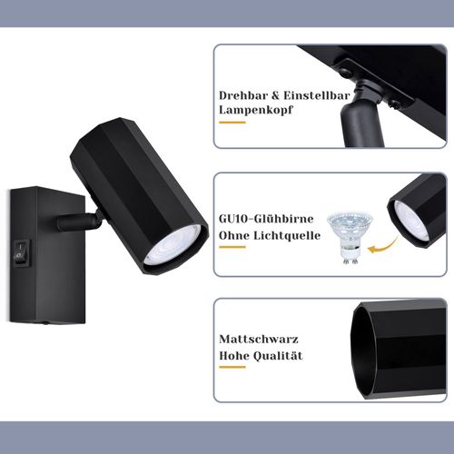 Applique Spot Mural Gu10 Noir Avec Interrupteur Orientable 350° Métal