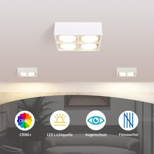 Plafonnier 4 Spots LED Gx53 4x5w Carré Blanc Chaud Orientable