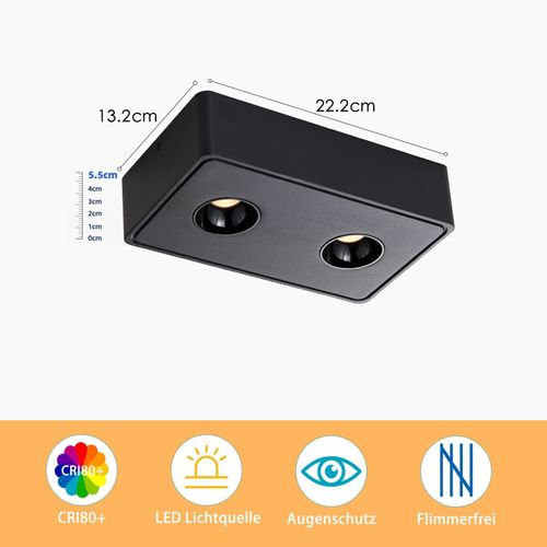 2 Spots De Plafond LED En Saillie Noir 11w Carrés Blanc Chaud Pour Salon Couloir Chambre