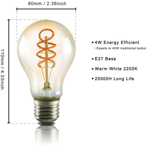 Lot 3 Ampoules LED E27 A60 4w Filament 2200k Vintage Edison Déco