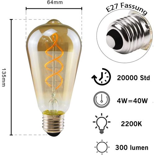 Lot 3 Ampoules LED E27 St64 4w Vintage Edison Blanc Chaud 2200k Filament
