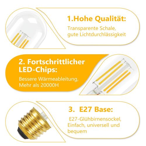 Lot 4 Ampoules LED E27 T45 4w Vintage Edison Blanc Chaud 2700k Filament