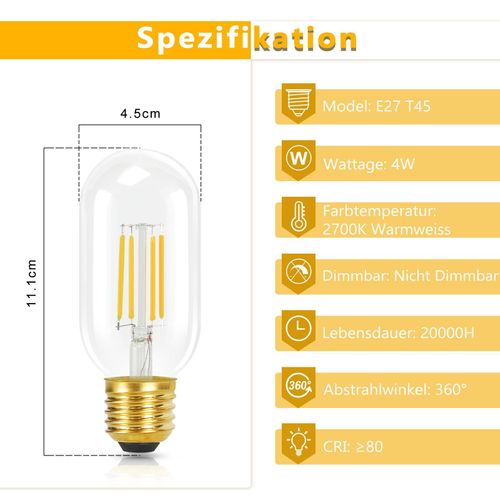 Lot 4 Ampoules LED E27 T45 4w Vintage Edison Blanc Chaud 2700k Filament