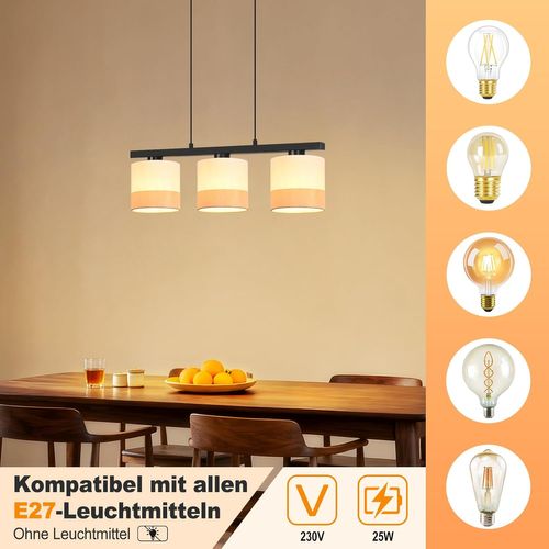 Suspension Lampe Suspendue à 3 Lumières, Hauteur Réglable, E27, Rétro (sans Ampoules)