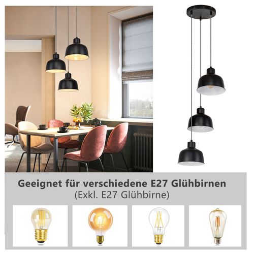 Suspension Métal Diam.17,8 Cm E27 Noir Vintage Industriel Rétro Cuisine Lampe 3 Ampoules