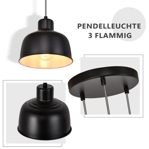 Suspension Métal Diam.17,8 Cm E27 Noir Vintage Industriel Rétro Cuisine Lampe 3 Ampoules