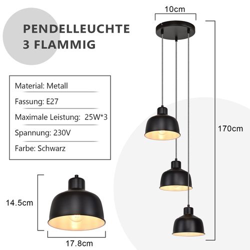 Suspension Métal Diam.17,8 Cm E27 Noir Vintage Industriel Rétro Cuisine Lampe 3 Ampoules