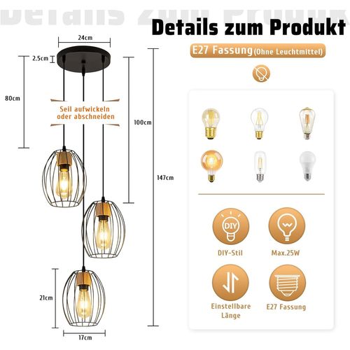 Suspension Vintage 3 Lampes - Lustre Industriel Métal Noir et Bois E27 (sans Ampoule)