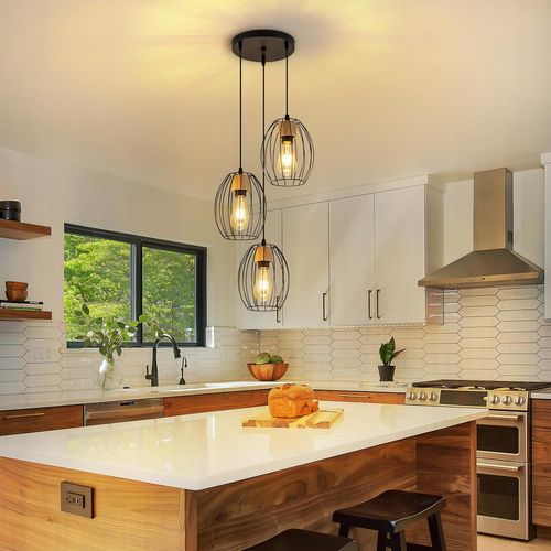 Suspension Vintage 3 Lampes - Lustre Industriel Métal Noir et Bois E27 (sans Ampoule)