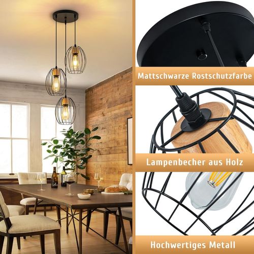 Suspension Vintage 3 Lampes - Lustre Industriel Métal Noir et Bois E27 (sans Ampoule)