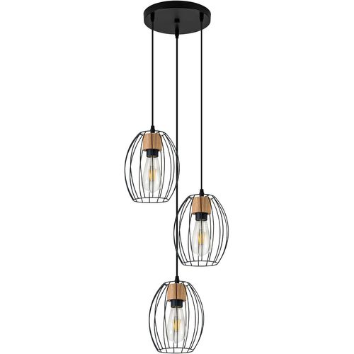 Suspension Vintage 3 Lampes - Lustre Industriel Métal Noir et Bois E27 (sans Ampoule)