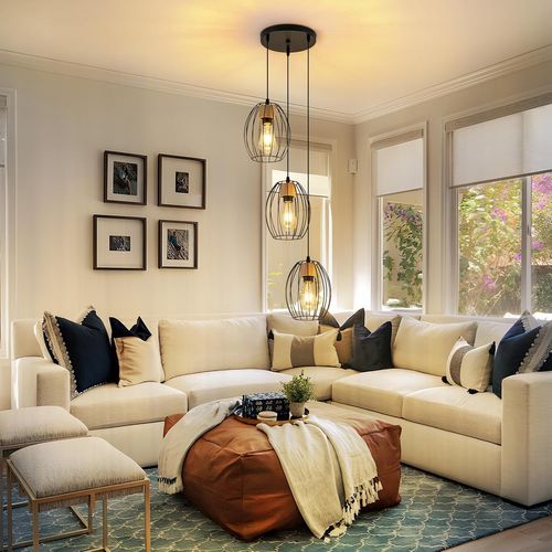 Suspension Vintage 3 Lampes - Lustre Industriel Métal Noir et Bois E27 (sans Ampoule)