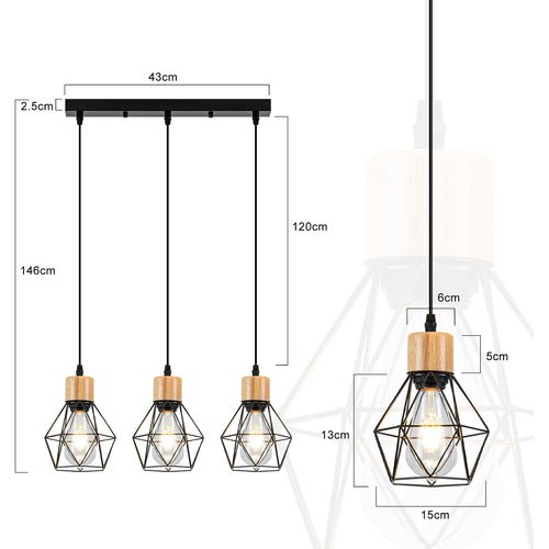 Suspension Pour Table à Manger, Style Vintage - Rétro à 3 Lumières E27, Métal Noir (sans Ampoules)