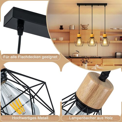 Suspension Pour Table à Manger, Style Vintage - Rétro à 3 Lumières E27, Métal Noir (sans Ampoules)