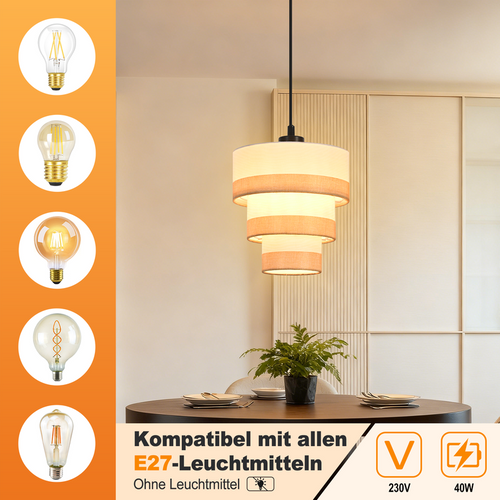 Suspension Lampe Suspendue En Tissu à 1 Lumière, Rétro, E27, Hauteur Réglable (Sans ampoule)