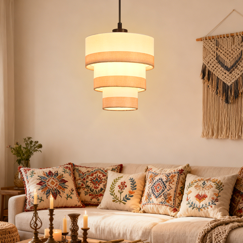 Suspension Lampe Suspendue En Tissu à 1 Lumière, Rétro, E27, Hauteur Réglable (Sans ampoule)