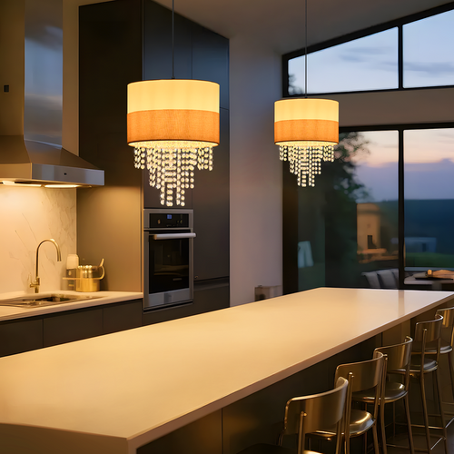 Suspension Vintage - Lustre 1 Lampe Cristal Tissu E27, Luminaire Rétro Réglable (sans Ampoule)