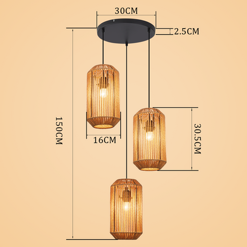 Suspension Boho Rotin Table à Manger - Lampe 3 Lumières E27, Hauteur Réglable, (sans Ampoule)