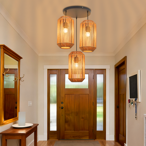 Suspension Boho Rotin Table à Manger - Lampe 3 Lumières E27, Hauteur Réglable, (sans Ampoule)