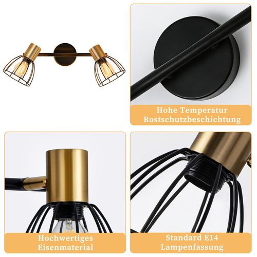Applique Murale D'intérieur, Douille E14, Noire, Métal à 2 Lumières (sans Ampoules)