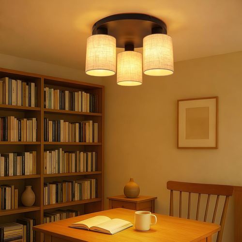 Plafonnier Vintage 3 Lumières, Plafond E27 Avec Abat-jour En Tissu Noir(sans Ampoules)