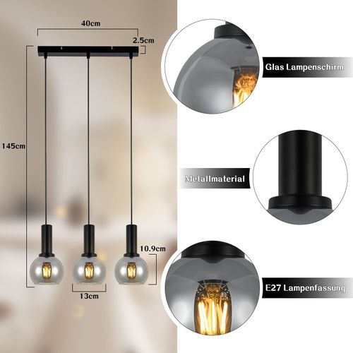 Suspension Vintage 3 Flammes Lampe Suspendue Verre E27 à Manger Lampe Réglable En Hauteur