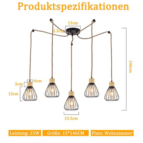 Suspension Table à Manger Lampe Suspendue Salon Vintage Noire Salle Manger Suspension 5 Flammes E27