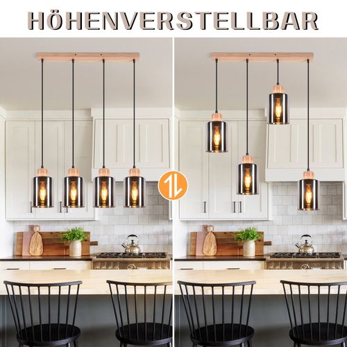 Suspension Pour Table à Manger, Suspension En Bois, 4 Flammes En Verre Fumé, E27