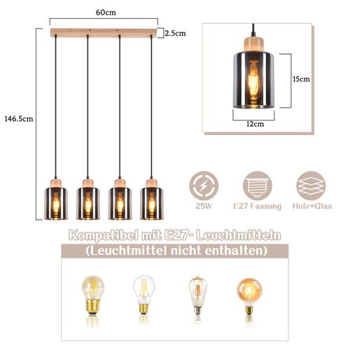 Suspension Pour Table à Manger, Suspension En Bois, 4 Flammes En Verre Fumé, E27