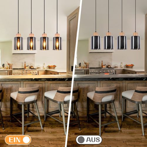 Suspension Pour Table à Manger, Suspension En Bois, 4 Flammes En Verre Fumé, E27