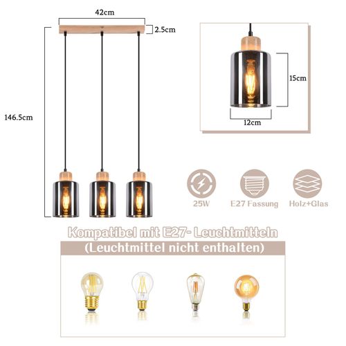 Suspension En Bois, Lampe Suspendue E27, Lampe De Table à Manger Vintage En Verre
