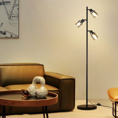 Lampadaire Vintage Salon Noir Lampe à Poser 3 Flammes En Verre Douille E14 Métal