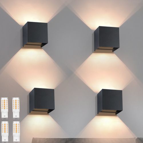 4 Appliques Murales LED Ext/int, Noires Up Down, Ip65, Pour Maison, Cage D’escalier