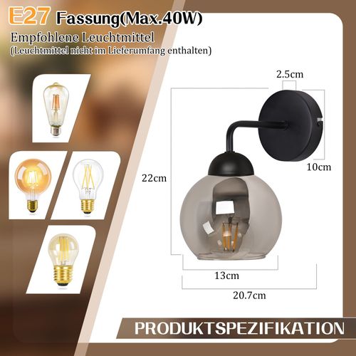 Applique Murale D'intérieur Vintage E27 Éclairage Mural Rétro Pour Chambre à Coucher En Verre Noir
