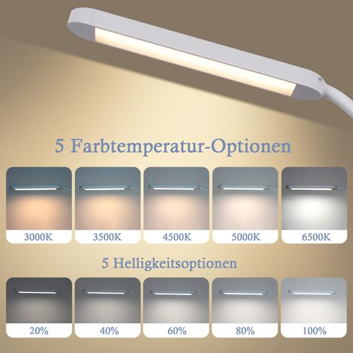 Lampe De Bureau LED à Intensité Variable Avec Prise Blanche 5 Niveaux De Luminosité 11w Flexible