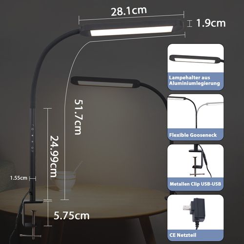 Lampe De Bureau LED à Pince à Intensité Variable Noire 5 Couleurs Et 5 Niveaux De Luminosité 11w