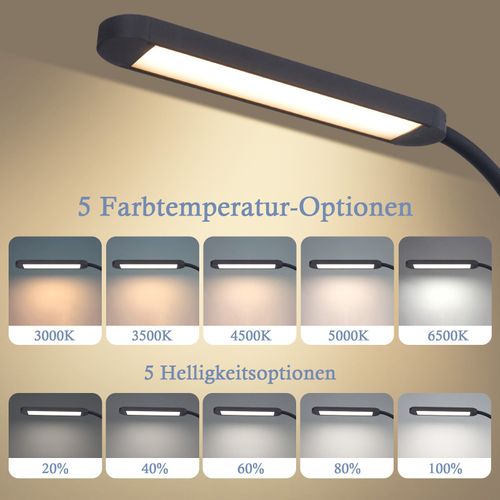Lampe De Bureau LED à Pince à Intensité Variable Noire 5 Couleurs Et 5 Niveaux De Luminosité 11w
