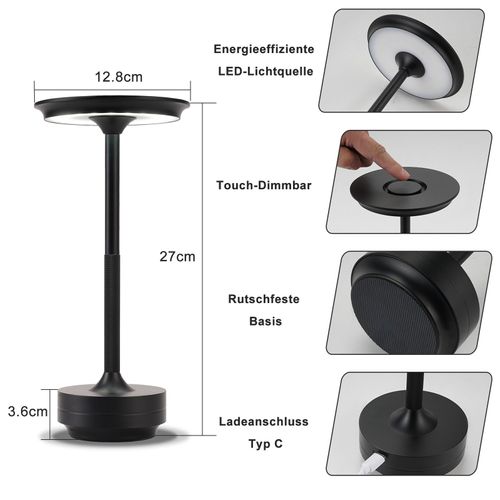 Lampe De Chevet Sans Fil à LED, Rechargeable Par USB, Tactile, à Intensité Variable, Noire