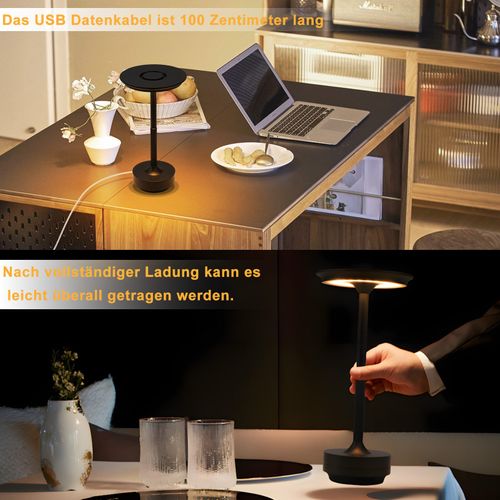 Lampe De Chevet Sans Fil à LED, Rechargeable Par USB, Tactile, à Intensité Variable, Noire