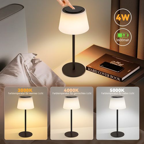 Lampe De Chevet Sans Fil à LED, Rechargeable Par USB, Tactile, Intensité Variable, Noire, 3600 Mha