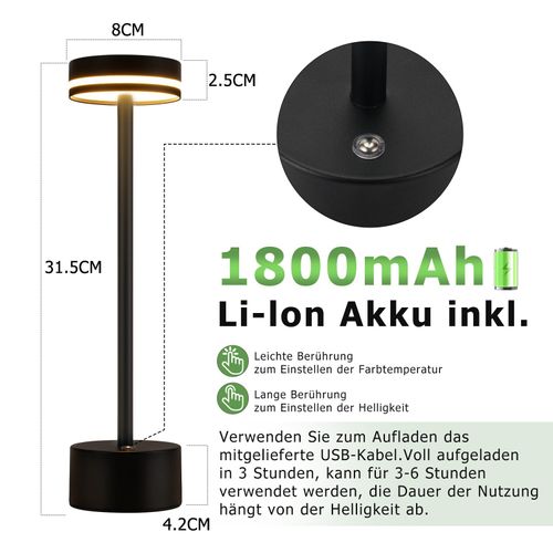 Lampe De Table LED Sans Fil, à Piles, à Intensité Variable, Rechargeable Par USB-c, Tactile, Dorée