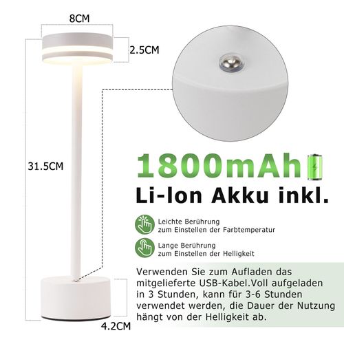 Lampe De Table LED à Piles, Sans Fil, à Intensité Variable, Rechargeable Par USB-c, Tactile