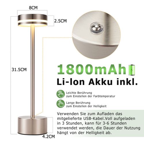 Lampe De Table LED Sans Fil , à Piles, à Intensité Variable, Rechargeable Par USB-c, Tactile