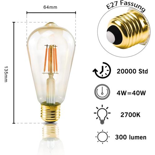 Lot De 6 Ampoules LED E27 Blanc Chaud Ampoules Edison Rétro 2200k St64 Lampe Antique