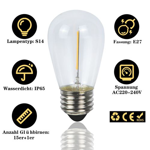 Guirlande Lumineuse LED Extérieur 15m Lumière De Jardin Ip65 Étanche 16 Ampoules