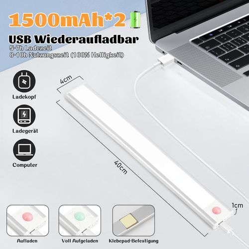 Lampe LED Sous Meuble Avec Détecteur De Mouvement, Rechargeable Par USB, 1 500 Mah