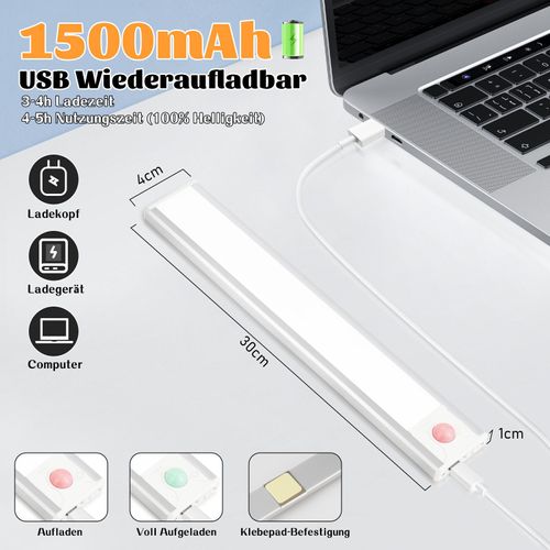 Lampe 2 X LED Sous Meuble  Avec Détecteur De Mouvement, Rechargeable Par USB, 1 500 Mah