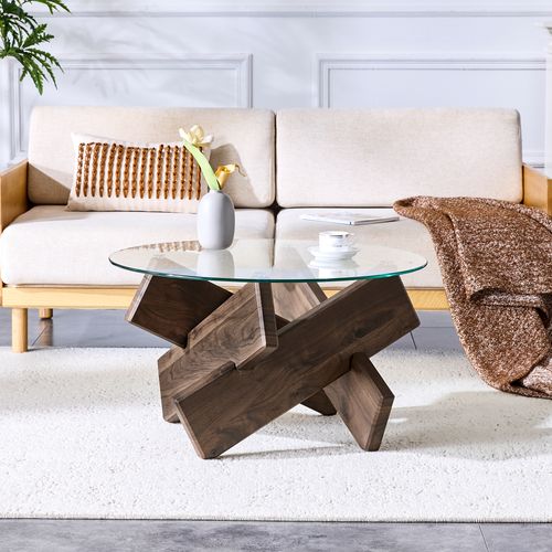Table Basse Table Ronde En Verre Trempé 79x79x45cm Design Moderne En Bois Croisé Noyer